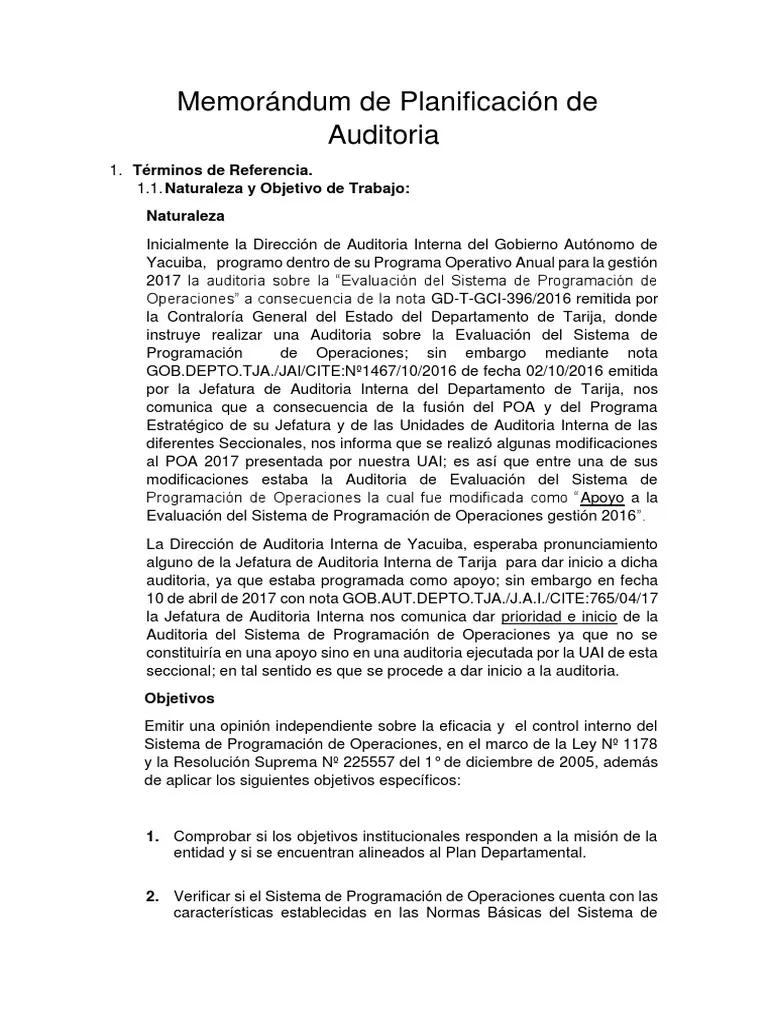memorandum de planificacion de auditoria de una municipalidad de bolivia - Qué es Memorandum de planificación de auditoría Bolivia