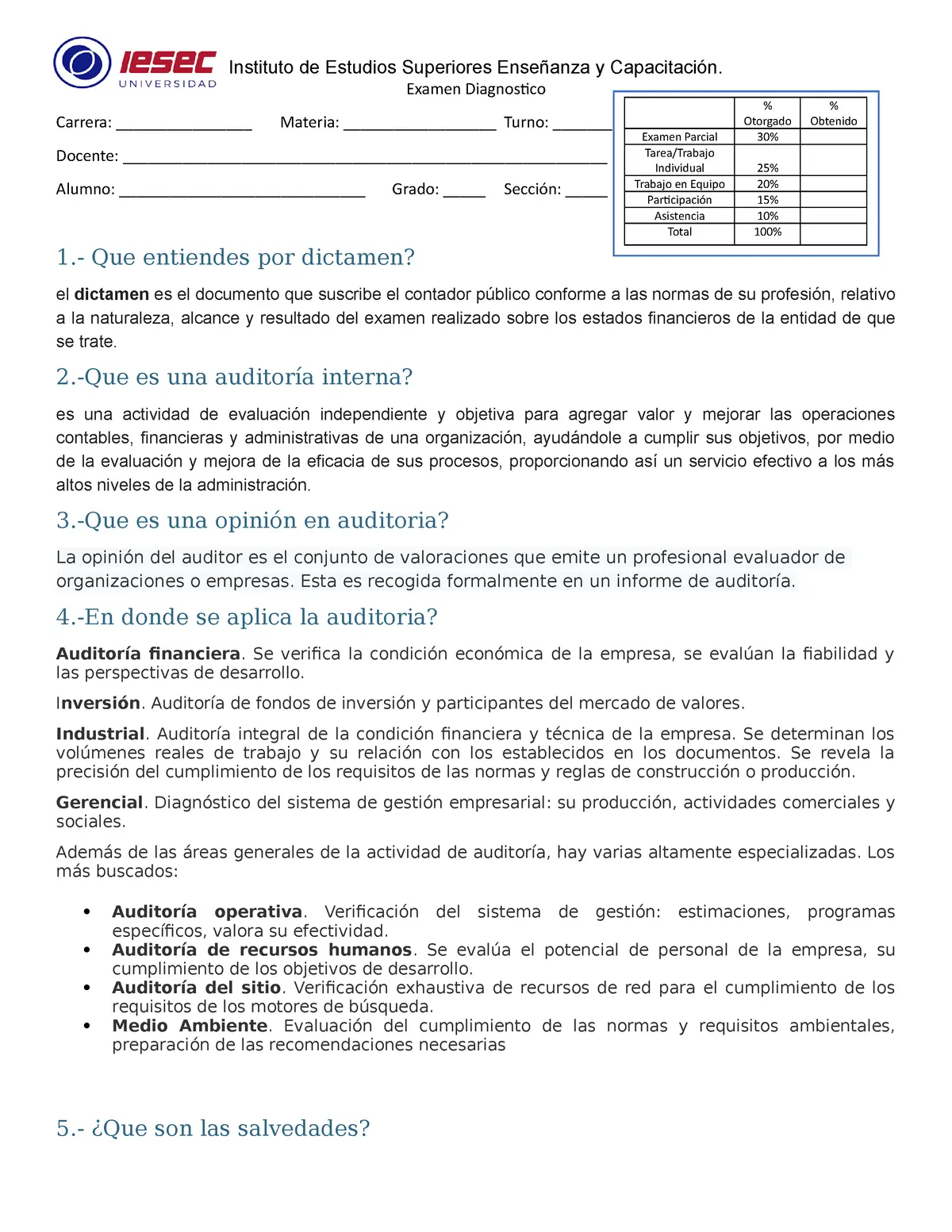 examen diagnostico de auditoria - Qué evaluar en un examen diagnostico