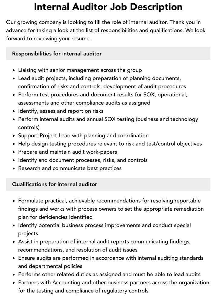 internal auditor job description - What is the role of internal audit